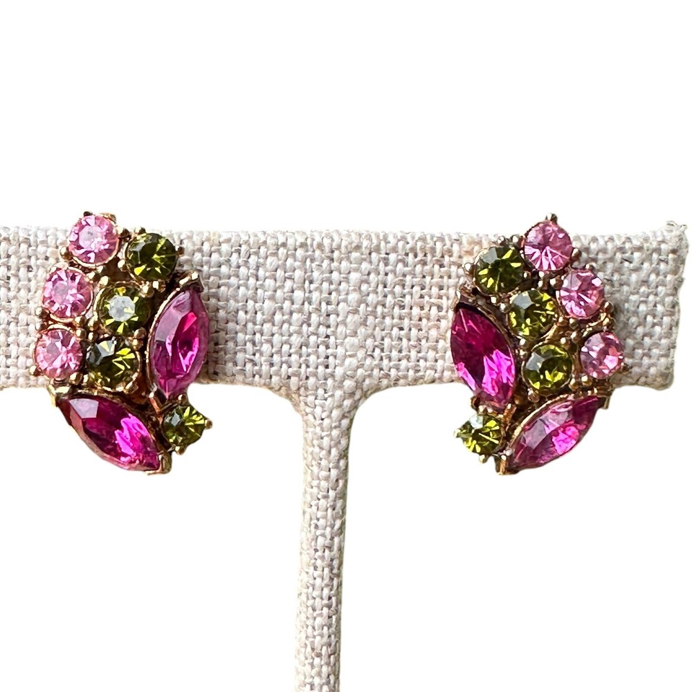 VTG‎ Earrings 1 Inch Clips Green Gold Pink Navette Crystal Rhinestones Flower